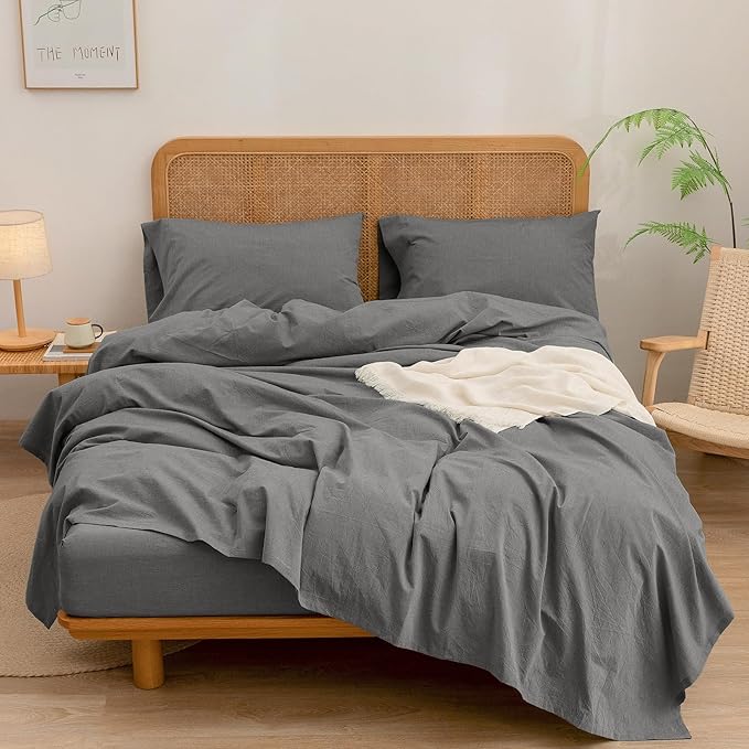 BESTOUCH Sheet Set 100% Washed Cotton Linen Feel Super Soft Comfortable Chic Lightweight 4 Pcs Home Bedding Set Solid Dark Grey Queen