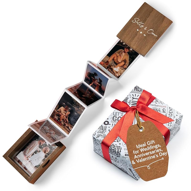udelf Personalized Wooden Photo Box Gift with Accordion Picture Pull Out - Custom Gifts, Wedding Keepsake Box, Anniversary Box, Picture Box Gift - Holds 14 Photo Prints, 3"x2" (Romantic-Vertical)