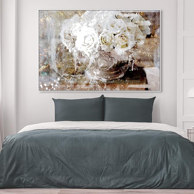 The Oliver Gal Artist Co. Floral and Botanical Framed Wall Art Canvas Prints 'Serving Roses' Florals, White, Gold, 54" x 36"