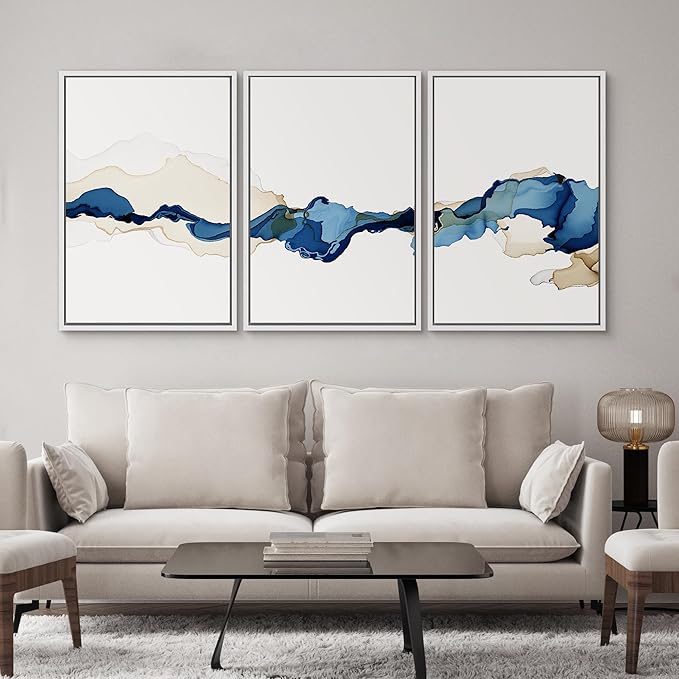 SIGNWIN 3 Piece Framed Canvas Wall Art Blue and Brown Watercolor Nature Wilderness Illustrations Abstract Traditional Relax/Calm Home Artwork Decoration for Living Room,Bedroom - 24"x36"x3 White