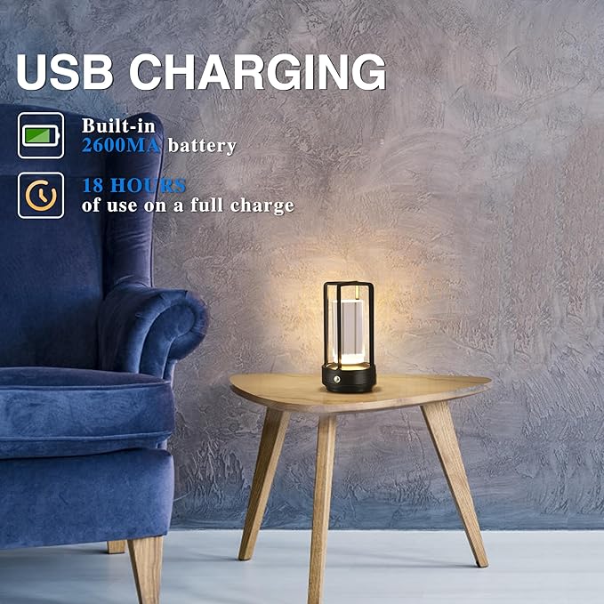 Portable Metal Table Lamp, Cordless Table Lamp, Rechargeable Battery Powered Portable LED Desk Lamp, 3 Color Stepless Dimming Touch, for Bedroom Restaurant Home Outdoor (2 Set of Black)