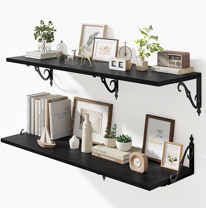 40 Inch Floating Shelves Wall Mounted, 12 Inch Deep Wall Shelves with Bracket, Rustic Hanging Bookshelf, 40" Bookshelves for for Living Room, Kitchen and Bedroom, Black, Set of 2