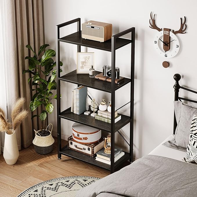Casaottima Book Shelf, 4 Tier Bookshelf, Modern Wood Bookcase Shelves for Bedroom, Industrial Display Shelf for Living Room Home Office Kitchen, Standing Shelving Unit Storage Organizer, Black