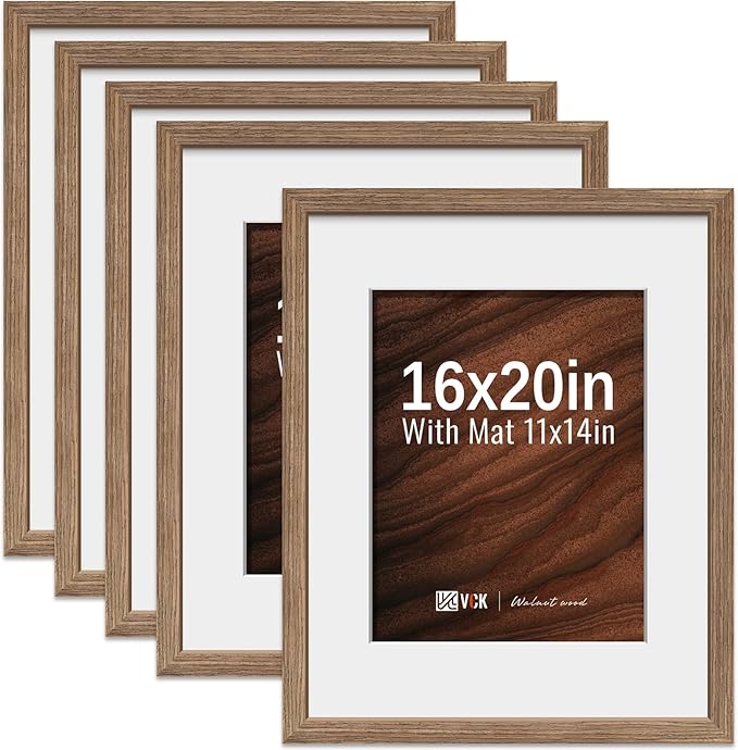 VCK 16x20 Picture Frame 5 Pack - Walnut, High-End Wood Poster Frames with Tempered Glass, Display 11x14 Photo with Mat or 16x20 without Mat, Art Gallery-Quality, Wall Hanging, Walnut
