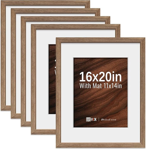 VCK 16x20 Picture Frame 5 Pack - Walnut, High-End Wood Poster Frames with Tempered Glass, Display 11x14 Photo with Mat or 16x20 without Mat, Art Gallery-Quality, Wall Hanging, Walnut