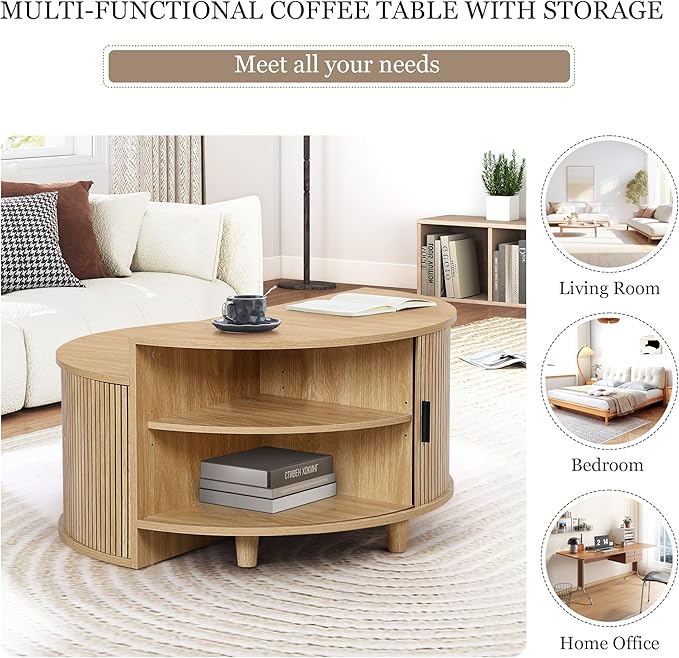 Round Coffee Table, Fluted Coffee Tables with Sliding Doors, Modern Circle Accent Center Table with Storage for Living Room, Apartment, Home Office (Natural)