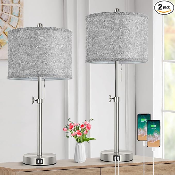 Silver Table Lamps Set of 2 for Living Room Bedroom, 23''-30'' Adjustable Height Bedside Lamps with 2 USB Ports, Industrial Nickle Nightstand Lamps with Grey Shade, Modern Lamp Sets for Home Office