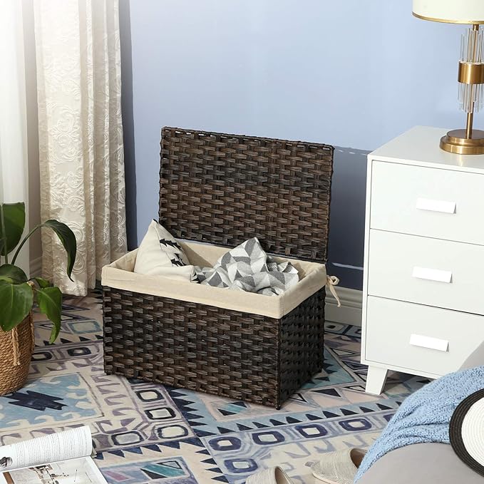 SONGMICS Storage Basket with Lid, 17.2 Gallon (65L) Storage Bin, Woven Blanket Storage Basket with Handles, Foldable, Removable Liner, Metal Frame, for Bedroom, Laundry Room, Brown URST56BR