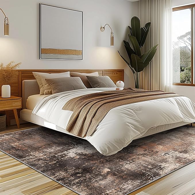 GENIMO Washable Area Rugs for Living Room Bedroom, 10x12 Modern Abstract Non Slip Rug, Low Pile Soft Contemporary Indoor Floor Carpet Cover for Dining Room Kitchen, Brown