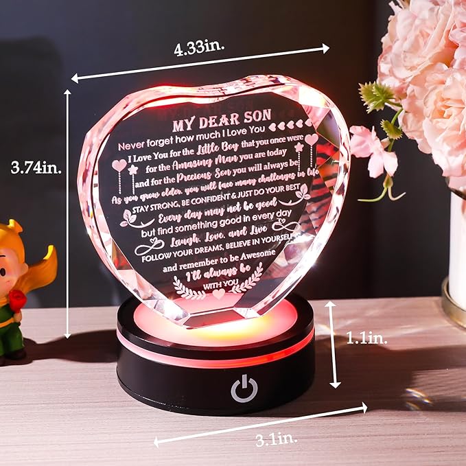 YWHL Meaningful Gifts for Son with Colorful LED Base Birthday Gifts for Son Adult from Mom Dad Crystal Heart Inspirational to My Son Graduation Gift