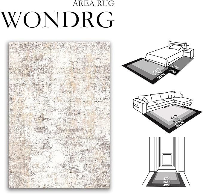 10x12 Washable Area Rug Beige Grey Neutral Abstract Living Room Bedroom Large Throw Rug Non Slip Soft Low Pile Indoor Floor Carpet for Dining Room Kitchen Office Entryway