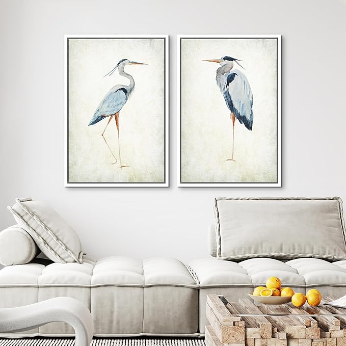 MUDECOR Framed Canvas Print Wall Art Heron Bird Illustrations Modern Art Decorative Bohemian Colorful Chic for Living Room, Bedroom, Office - 16"x24"x2 White