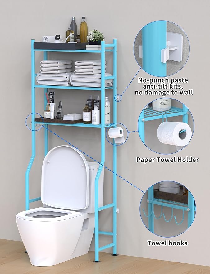 3-Tier Over The Toilet Storage, Freestanding Metal Bathroom Shelves with 4 Hooks, Over Toilet Storage Shelf with Paper Holder, Above The Toilet Shelf for Bathroom Storage, Blue