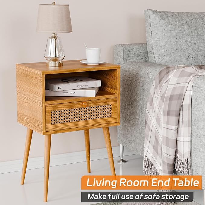Nightstand Bedside Table Small Nightstand with Drawers Rattan Side Table End Tables Bedroom Wood Mid Century Modern Nightstands