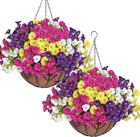 KHOYIME Artificial Hanging Flowers Plants Basket for Outdoors Indoor, 2 Set Faux Silk White Yellow Purple Fuchsia Morning Glory Fake Eucalyptus Planters UV Resistant Spring Summer Home Garden Decor