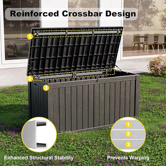 ROJIK 150 Gallon Outdoor Storage Box Waterproof-Patio Furniture Resin Deck Box, Garden Tools, Cushions, Pool Accessories Storage Bench with Lockable Lid and Side Handles (Black, 150 Gal)