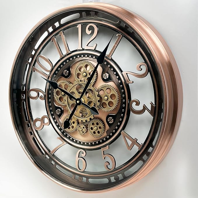DORBOKER Real Moving Gears Wall Clock Large Modern Metal Clocks for Living Room Decor, Industrial Steampunk Unique Vintage Rustic Decorative Clock for Home Farmhouse Office, 30 Inch Red Copper Arabic