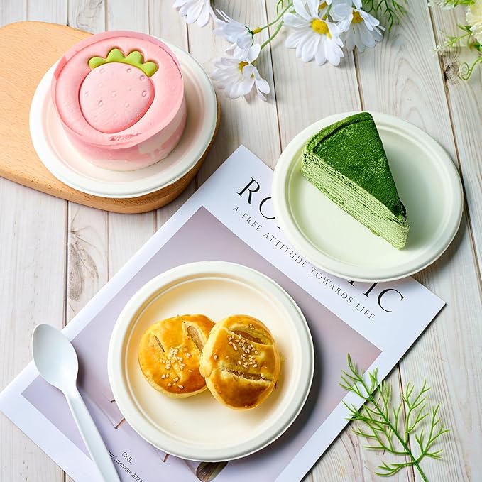 ECOLipak 6 Inch Disposable Compostable Small Paper Plates, 500 Pack Recycled Sugarcane Bagasse Biodegradable Heavy Duty Mini Dinner Appetizer Cake Dessert Plates for Party(White)