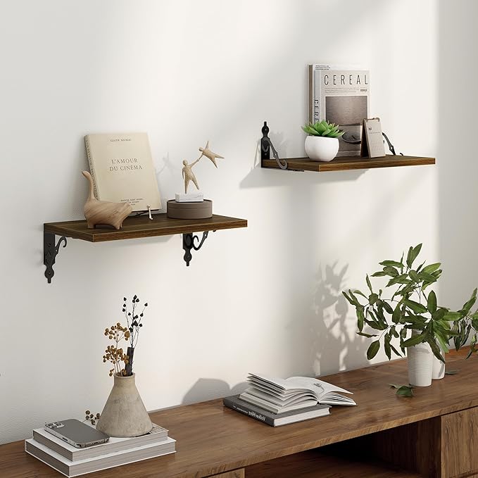 16 Inch Deep Floating Shelves for Wall, 8 Inch Deep Floating Shelf with Bracket, Wall Shelves 16 Inches Long, Wide Display & Storage Shelves for Living Room, Bathroom, Bedroom, Walnut, Set of 2