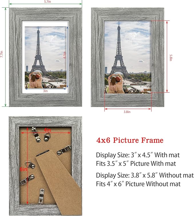 4x6 Picture Frame Set of 2, Made of Real Glass and Rustic Grey Wooden Frame - Display Pictures 3.5x5 with Mat or 4x6 Without Mat, 4 by 6 Photo Frame for Wall or Tabletop Display