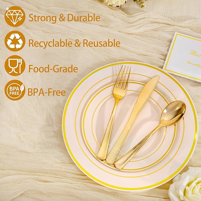 I00000 200 Pcs Gold and Ivory Plastic Plates, Ivory Disposable Party Plates Include 100 Dinner Plate 10’’ and 100 Plastic Dessert Plate 7’’ Perfect for Birthday, Party & Wedding