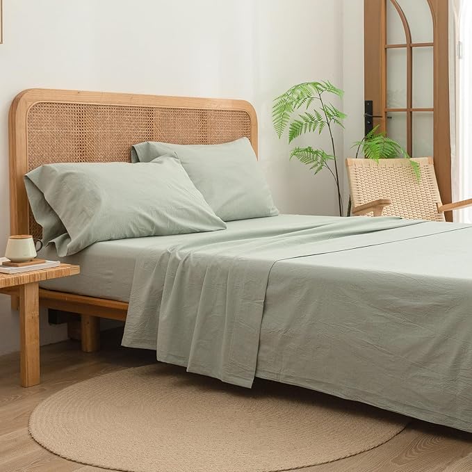 BESTOUCH Sheet Set 100% Washed Cotton Linen Feel Super Soft Comfortable Chic Lightweight 4 Pcs Home Bedding Set Solid Sage Green Queen