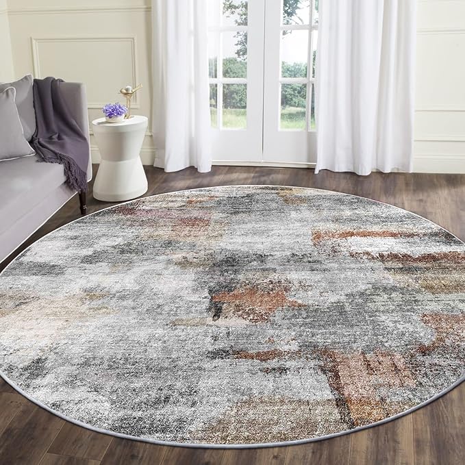 vivorug Round Rug 4ft Abstract Round Area Rug Non-Slip Indoor Carpet for Living Room Bedroom Entryway, Stain Resistant Home Decor Circle Rug, Grey/Rust