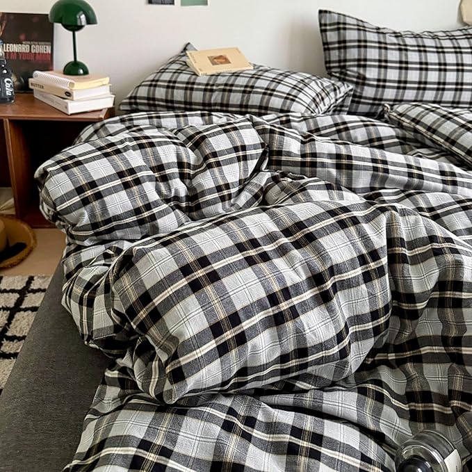 VM VOUGEMARKET Buffalo Gingham Duvet Cover Set Queen,3 Pieces Washed Cotton Bedding Set,Breathable Luxury Plaid Comforter Cover with Zipper Closure for Boys Men(Black&Grey)