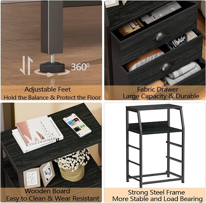 Furnulem Black Night Stand, Small Dresser for Bedroom, Nightstand with 3 Fabric Storage Drawers and 2-Tier Shelf, End Table Side Furniture for Closet, Hallway, Nursery, Sturdy Steel Frame, Wood Top