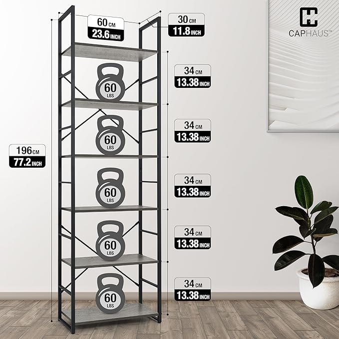 CAPHAUS 6 Tier Bookshelf, 24 Inch Width Free Standing Shelf, Bookcase Shelf Storage Organizer, Industrial Book Shelves for Home Office, Living Room, Kitchen, Dark Grey Vintage Shelves & Metal Frame