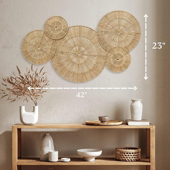 CHI AN 18 Inch Boho Wall Decor – Set of 5 Woven Jute Wall Baskets, Boho Wall Art & Decorative Basket Set, Farmhouse Wall Hanging, Handwoven Wall Plates for Living Room, Bedroom – 18", 14", 11", 8", 7"