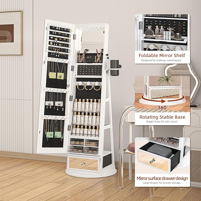 Mirror Jewelry Cabinet Standing, 360° Swivel Jewelry Armoire with 6 LED Lights, Rotatable Mirror Jewelry Organizer, White