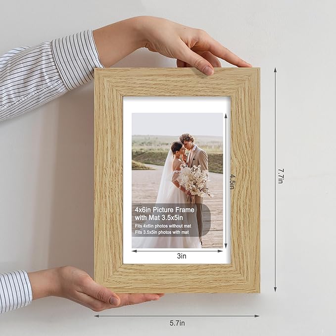 4x6 Picture Frame Set of 2, Made of Real Glass and Natural Oak Wooden Frame - Display Pictures 3.5x5 with Mat or 4x6 Without Mat, 4 by 6 Photo Frame for Wall or Tabletop Display