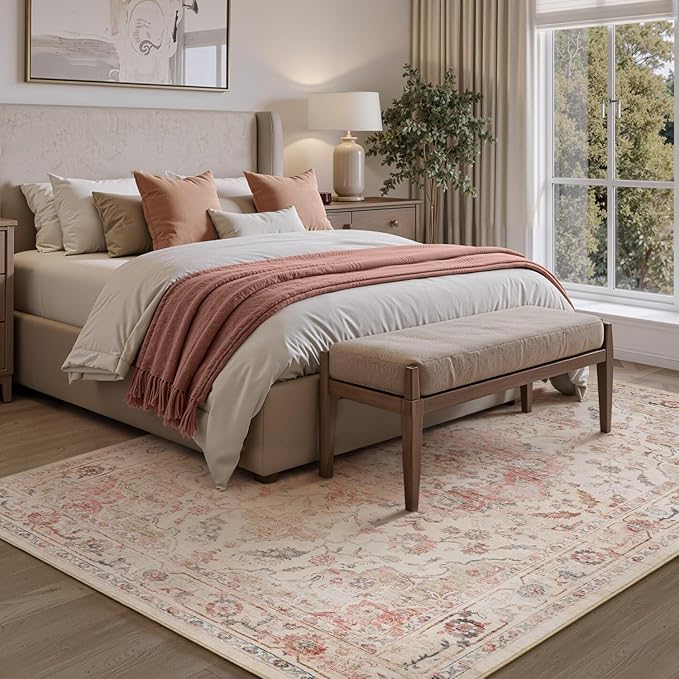 PADOOR-Vintage Area Rug 8X10 Rugs for Living Room-Soft Pink Rugs for Bedroom-Machine Washable Rug Non Slip Carpet-Rug for Dining Room Living Room Bedside Office