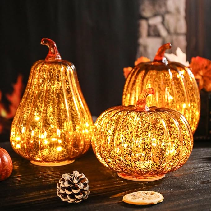 Fall Lighted Glass Pumpkins Set of 3 – Battery Operated Mercury Glass Pumpkin Decor with LED Lights, Autumn Thanksgiving Halloween Table Centerpiece Decorations for Home, Fireplace, Mantel, 8"/7"/6"
