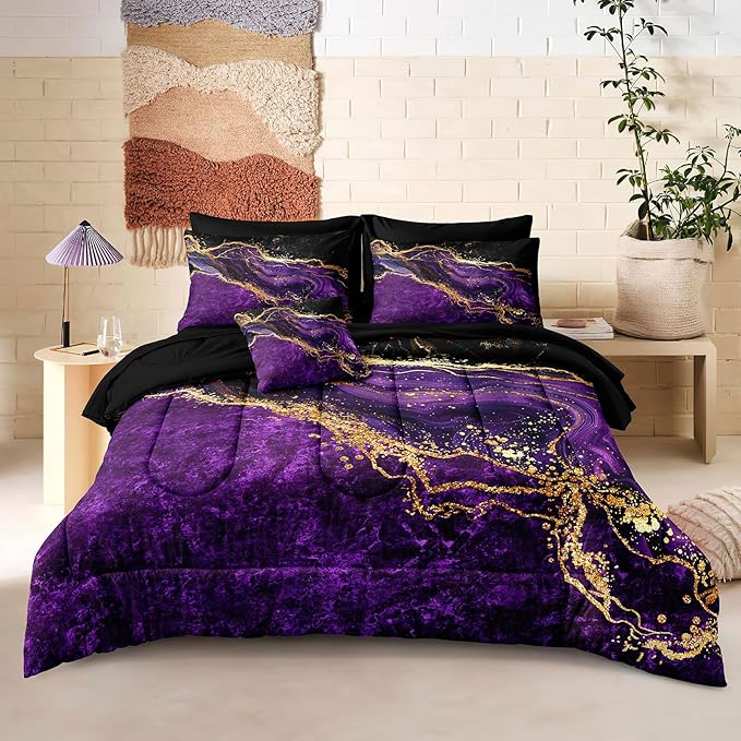 Gold Comforter Set 8 Pcs Purple Marble Bedding Set King Size Bed in A Bag Purple and Black Marble Stone Texture Abstract Room Decor Bed Comforter