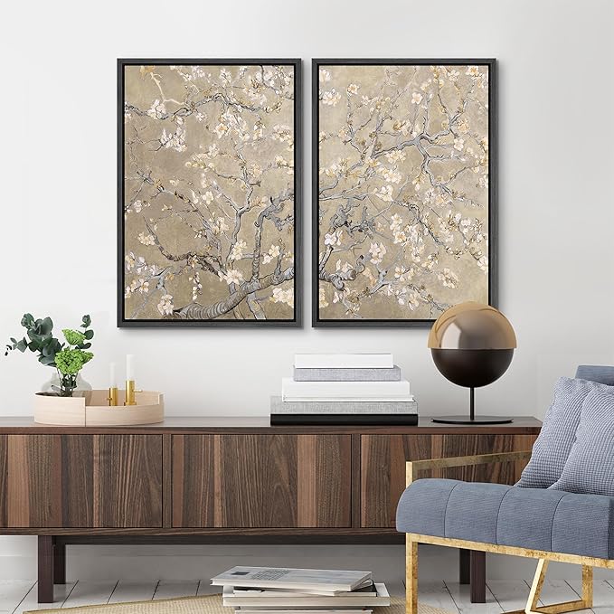 MUDECOR Framed Canvas Print Wall Art Blossoming Almond Tree Elegant Floral Illustrations Modern Art Decorative Bohemian Calm/Zen for Living Room, Bedroom, Office - 16"x24"x2 Black