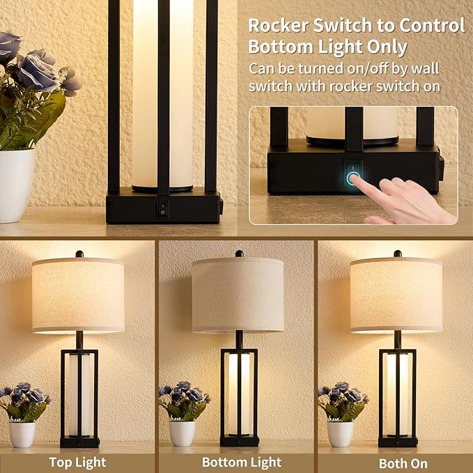 26.6" Farmhouse Table Lamps Set of 2, 3 Way Dimmable Touch Lamps, Modern Nightstand Bedside Lamps with Dual Light Control, USB A+C Ports & AC Outlet, Built-in Night Light for Bedroom End Table