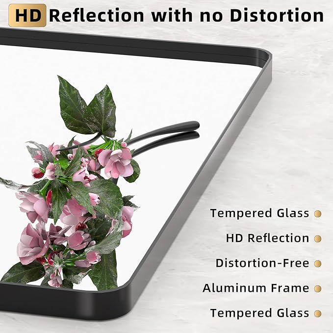 30x22 Bathroom Vanity Mirror for Wall, Aluminum Framed, Farmhouse Rectangle, Anti-Rust, HD Reflection Anti-Desilvering, Distortion Free, Tempered and Shatter-Proof Wall Mounted Mirror, Black