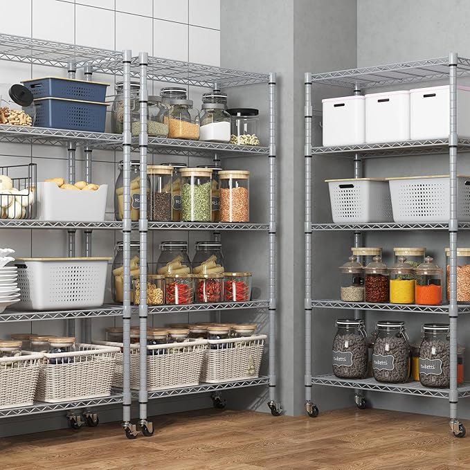 Homdox 5 Tier Adjustable Rolling Storage Shelves, Heavy Duty Wire Racks and Shelving, Metal Shelves for with Side Hooks Pantry Closet Kitchen Garage Organization, Silver Gray