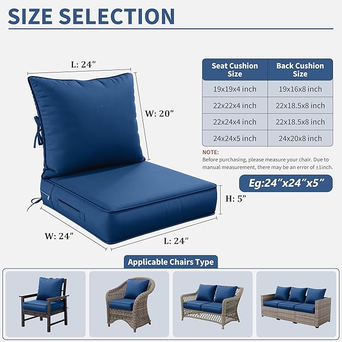 Premium Outdoor Seat Cushion Chair Cushions for Patio Furniture 24 L X 24 W X 5 H Waterproof & Fade Resistant Deep Seat and Backrest Cushion Set with Removable Covers for Chair, Sofa