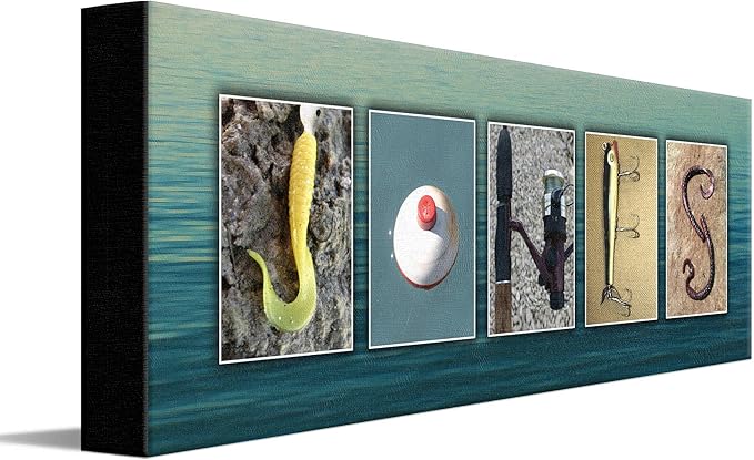 Personalized Fishing Name Alphabet Art - Perfect for The Man cave, Office, or Boy's Room. (Block Mount - 6.5 x 18)