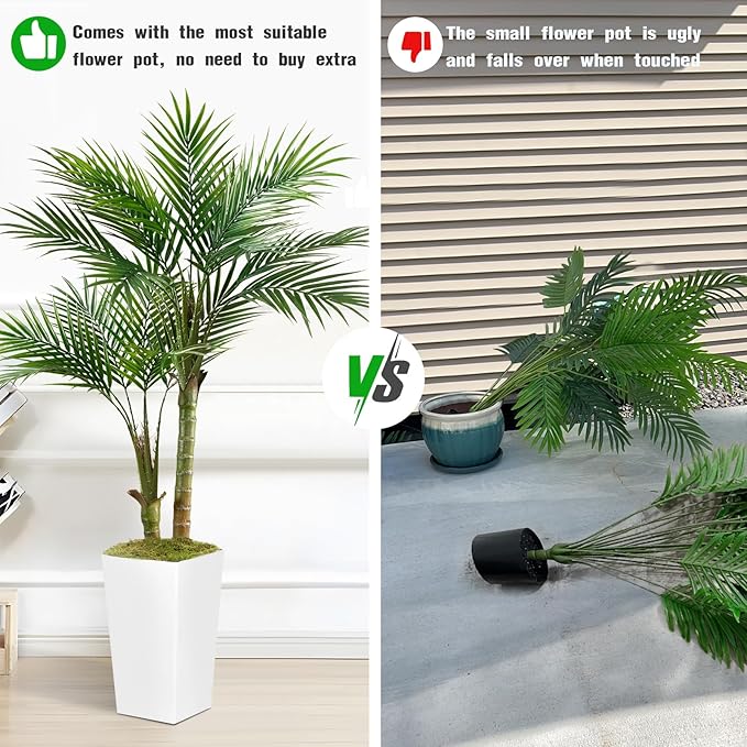 Fake Palm Tree 5FT - Artificial Plants with White Tall Planter, Faux Tropical Golden Cane Palm Tree with Two Trunks and 18 Realistic Palm Leaves, Indoor Floor Plants for Living Room Office Decor