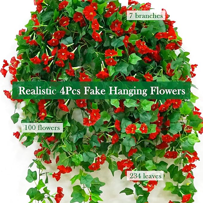 4 PCS Faux Hanging Plants Outdoor Artificial Hanging Red Flowers for Outdoors Faux Outdoor Plants for Planters Look Real for Outside Home Indoor Porch Patio Yard Decor