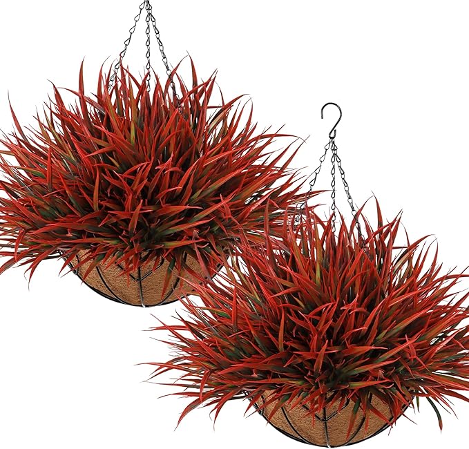 KHOYIME 2 Set Artificial Hanging Plants Basket for Outdoors Indoor, Faux Red Grass Baskets Fake Greenery Stems Planters UV Resistant Spring Summer Decor for Home Garden Porch Balcony Patio Yard