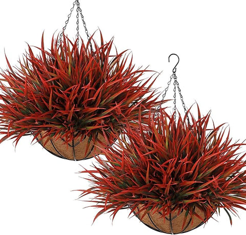 KHOYIME 2 Set Artificial Hanging Plants Basket for Outdoors Indoor, Faux Red Grass Baskets Fake Greenery Stems Planters UV Resistant Spring Summer Decor for Home Garden Porch Balcony Patio Yard