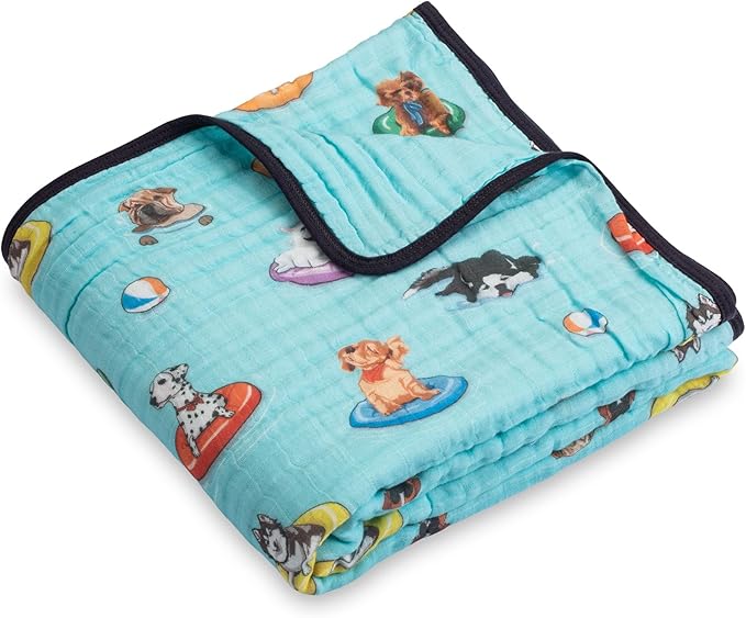 LollyBanks Muslin Blanket 100% Organic Cotton, Summer Muslin Quilt Lightweight, 6 Layers Baby Blankets 47"x 47", Toddler Blanket for Boy and Girl, Nursery Receiving Blankets (Swimming Dogs Print)