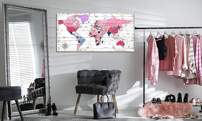 ZHAOSHOP Large World Map Canvas Wall-Art - Wall Decor for Girls Bedroom - Pink Pictures Wall Decor Ready to Hang Size 59" x 29"
