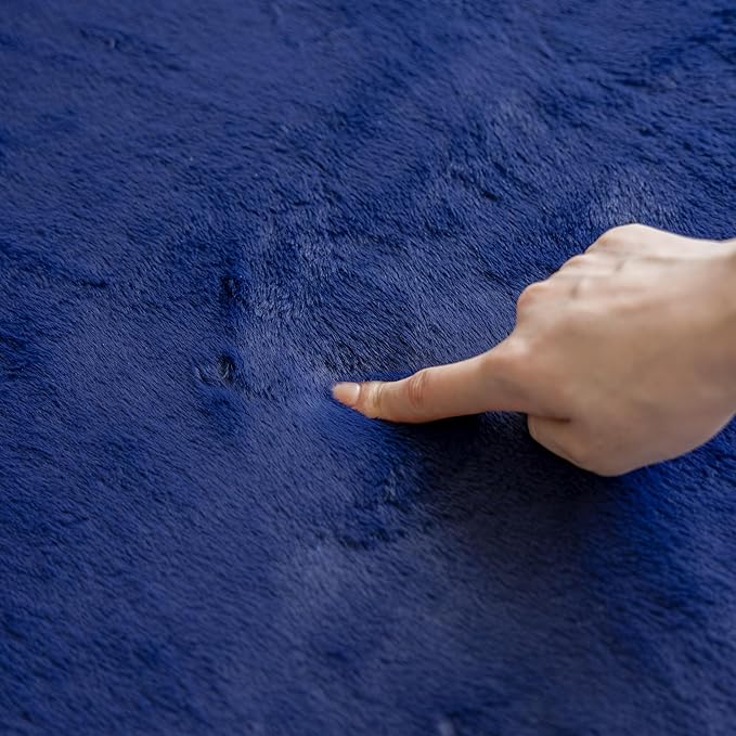 Loartee Faux Rabbit Fur Rug - 1.18" Thick Soft Fluffy Area Rug, Non-Slip Memory Foam Crawling Mat, Dark Blue, 78"x118"