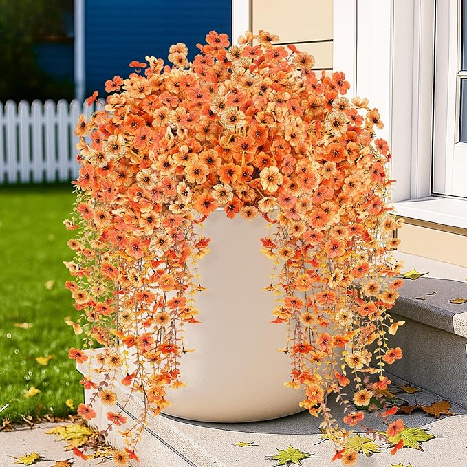 2PCS Fall Artificial Hanging Flowers Plants for Outdoors, 2Pcs Faux Silk Flowers with Eucalyptus Leaves, Fake Fall Flowers for Autumn Home Patio Porch Outside Decor (Orange Yellow)
